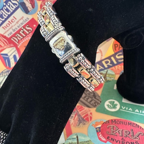 Lagos Silver and 18k Gold Caviar linked Bracelet - Picture 3 of 8